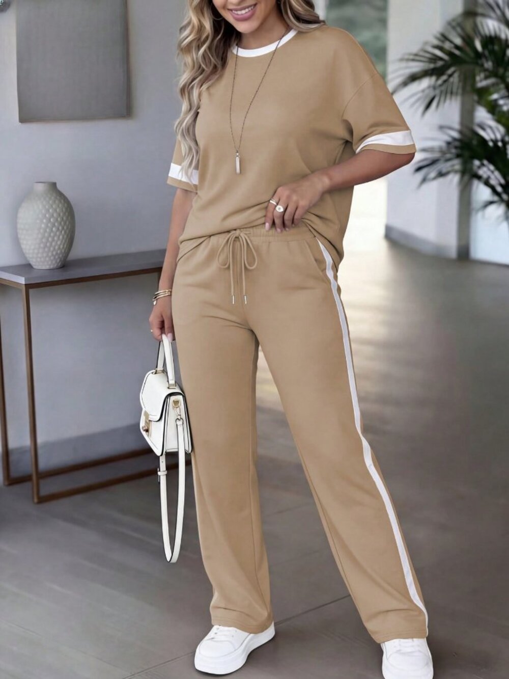 Khaki Casual Women's Short Sleeve Top & Pants Set - Picture 3 of 7